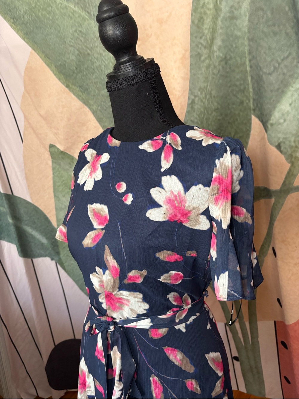 New DKNY Navy Floral Midi Dress with Pink and Cream Blooms